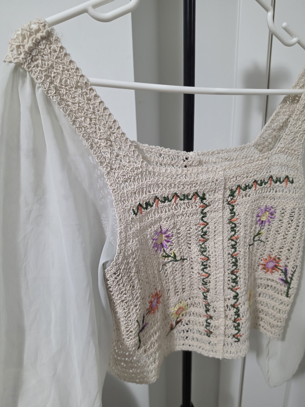 Boho Crochet Floral Square-Neck Top in Cream - Picture 3 of 6